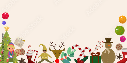 Christmas vector frame. Xmas beije background horizontal banner in cartoon  style with blank space for text. Holiday and celebration concept, greeting card or invitation