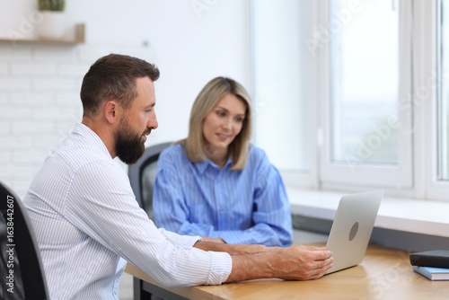 Wallpaper Mural Smiling business partners working with laptop at table in office Torontodigital.ca