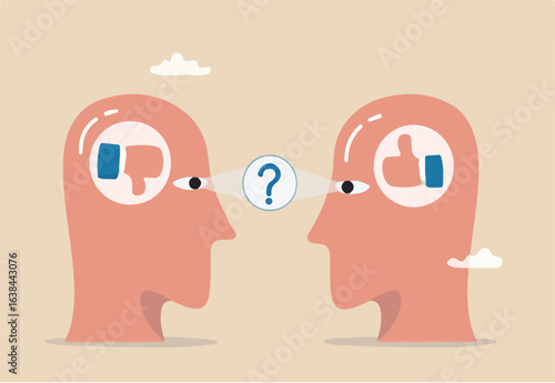 Perception process to interpret information, though or opinion depend on personality or perspective, difference bias or illusion concept, human head looking at object with difference perception. 