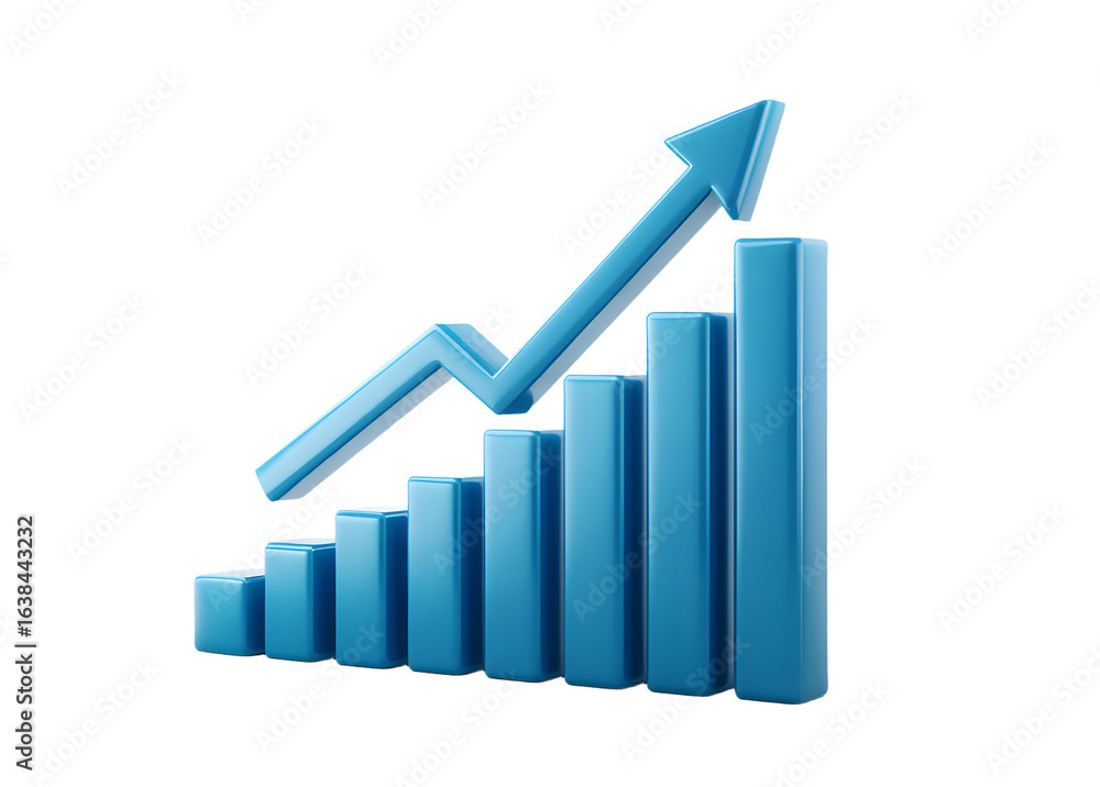 A blue bar graph showing upward growth with an arrow indicating positive trend on white background A blue bar graph showing upward growth with an arrow indicating positive trend on white background