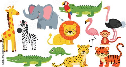 Wild animal illustration, cartoon jungle creatures, giraffe zebra elephant lion, crocodile monkey tiger parrot, kids clipart, educational wildlife bundle