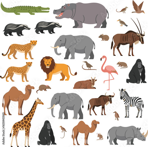 Wildlife illustration set, African animals, cartoon biodiversity chart, educational nature design, zoo creatures, animal vector pack, global species collection
