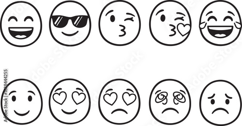 Collection of hand drawn emoji faces expressing various emotions