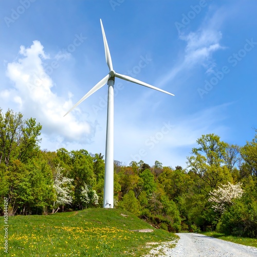 Scenic view of a wind turbine against a vibrant blue sky and green landscape