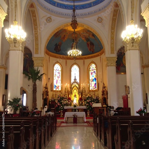 Magnificent Interior of a Grand Church with Stained Glass Windows and Elegant Lighting