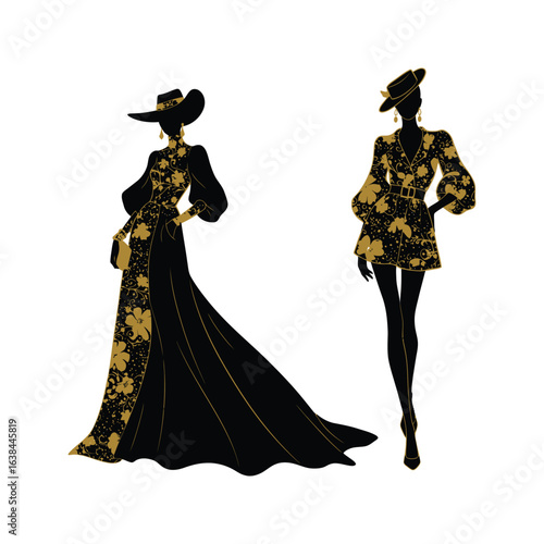 Elegant Black and Gold Fashion Silhouettes Women in Hats and Floral Dresses