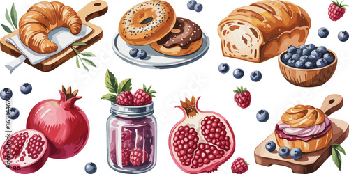 Assorted bakery items with fresh fruits, croissant, bagels, bread, pomegranate, raspberries, blueberries, wooden board, breakfast, rustic food styling
