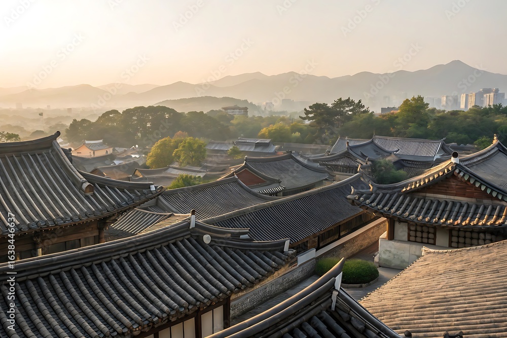 Naklejka premium Aerial view of traditional korean rooftops at dawn