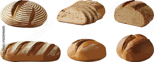 Artisan bread illustration, rustic loaf artwork, sliced bread clipart, sesame crust design, bakery product drawing, food texture, culinary element