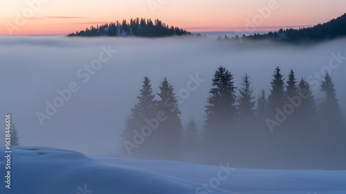 Wallpaper Mural Serene winter landscape with misty evergreen forest at sunrise, evoking peace and solitude. Torontodigital.ca