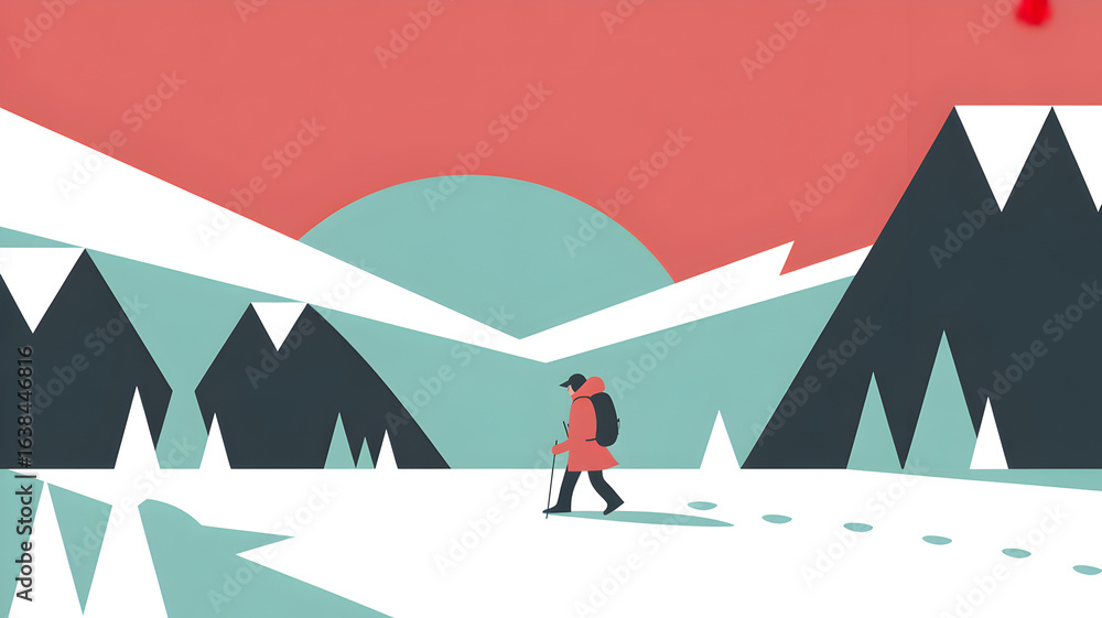 Adventurous hiker treks through a serene, snow-covered mountain landscape at sunrise. Adventurous hiker treks through a serene, snow-covered mountain landscape at sunrise.