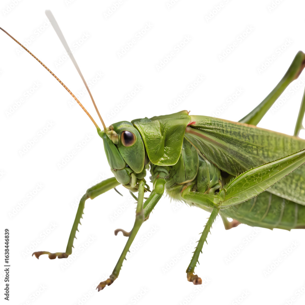 Fototapeta premium Close-up Photograph of a Green Grasshopper on White Background