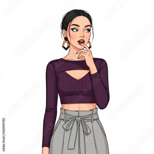 Vector art of portrait of a beautiful brunette woman with finger on lips isolated on white background