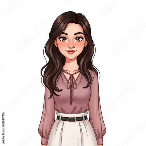 Illustration of a beautiful brunette girl in a pink blouse isolated on white background
