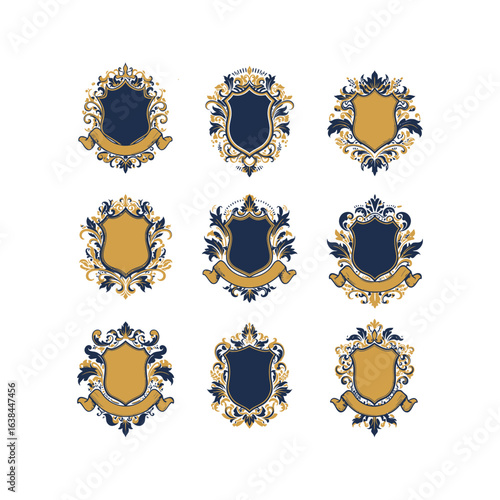 Nine Elegant Gold and Blue Heraldic Crest Designs with Flourishes and Ribbons
