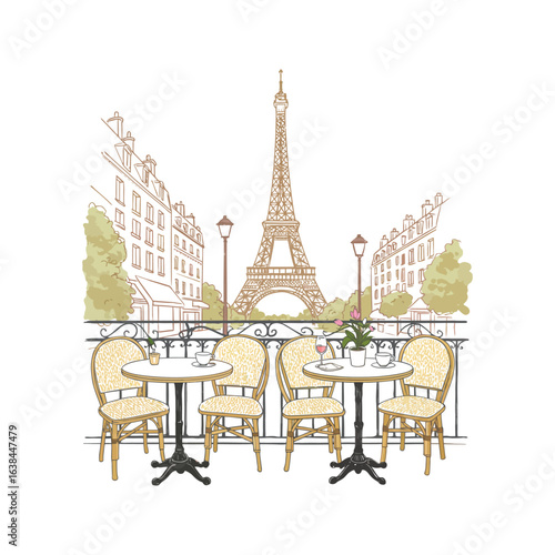 Romantic Parisian Cafe Sketch Eiffel Tower View Outdoor Tables Chairs