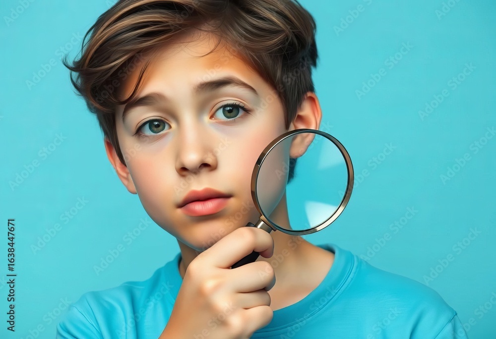 A contemplative teen examines their shoulder with a magnifying glass, wearing a pastel blue shirt, examination, healthcare A contemplative teen examines their shoulder with a magnifying glass, wearing a pastel blue shirt, examination, healthcare