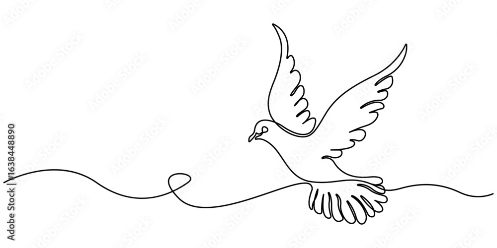 Fototapeta premium Single Line Dove Drawing Peace, Flight, Freedom, Hope, Art, Simple Linear Drawing, flying dove bird one continuous line drawing vector illustration, Editable stroke