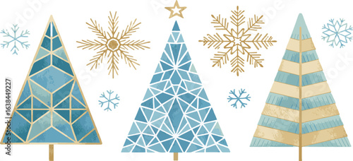 Three stylized Christmas trees with geometric patterns and snowflakes in blue gold and beige colors