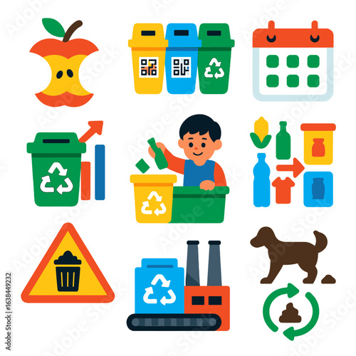 Recycling System Icons. Flat vector icons of waste sorting and recycling systems: organic waste symbol with apple core, QR-coded