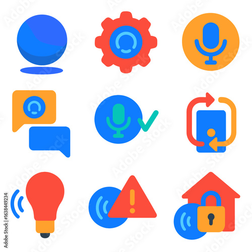 Smart Assistant Icons. Flat vector icons of voice assistants and smart interfaces: floating smart orb, voice assistant settings