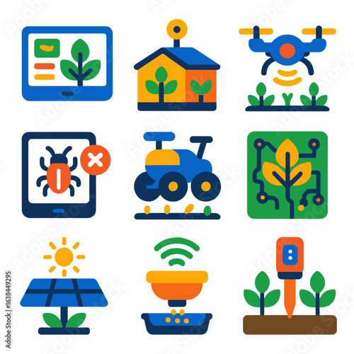 Smart Agriculture Icons. Flat vector icons of smart agriculture and drone farming: precision farming interface, smart greenhouse