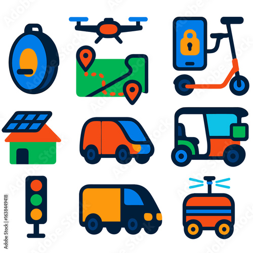 Future Mobility Icons. Flat vector icons of future mobility: electric monowheel transport, drone flight route map, lightweight