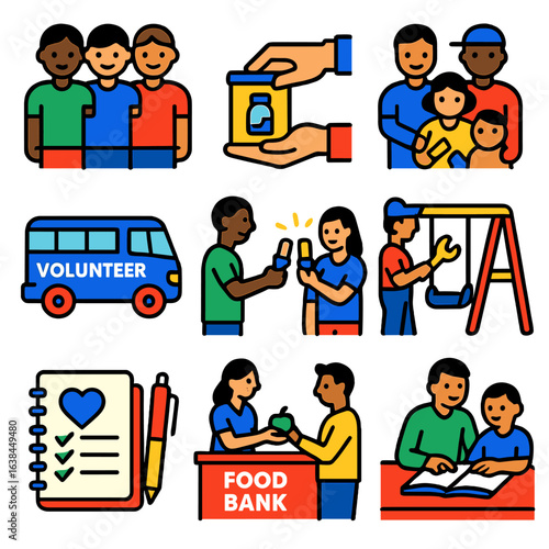 Volunteerism Icons Set. Flat vector icons of volunteerism and social good: people linking arms in unity, offering baby formula