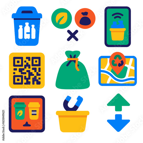 Waste Sorting Icons. Flat vector icons of waste sorting and recycling systems: clear plastic bottles only bin, compost vs landfill