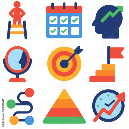 Personal Growth Icons. Flat vector icons of personal development and growth skills: confidence building ladder, positive habits