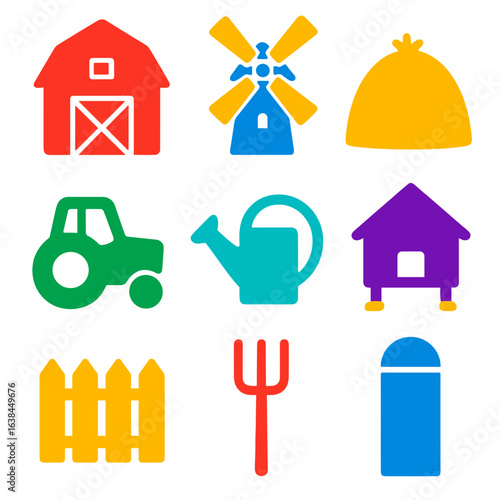 Modern Farm Icons. Flat vector icons of farm glyph: barn silhouette with doors, windmill structure icon, haystack glyph shape.