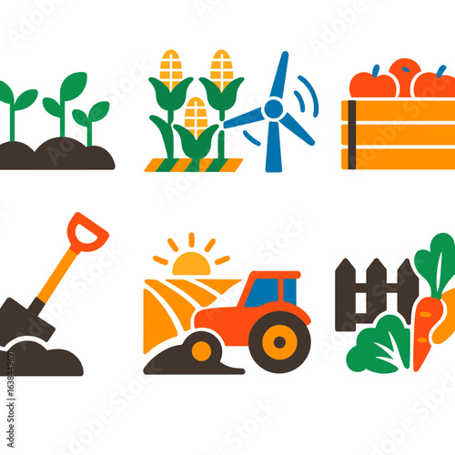 Farm Icons Collection. Flat vector icons of farm glyph: sprouting seedlings icon, corn rows glyph, rotating wind turbine. Wooden