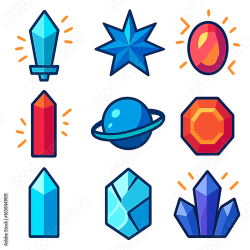 Vibrant Crystal Icons. Flat vector icons of crystals: radiant mineral blade, starburst-shaped crystal, energy-infused gem oval.