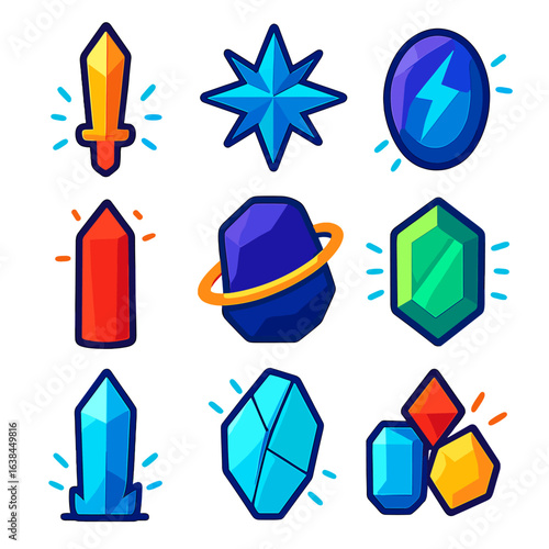 Vibrant Crystal Icons. Flat vector icons of crystals: radiant mineral blade, starburst-shaped crystal, energy-infused gem oval.