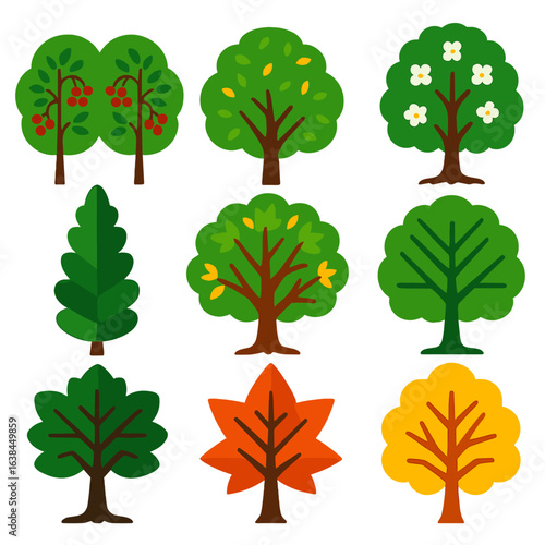 Vibrant Tree Icons. Flat vector icons of deciduous trees: twin rowan trees with berries, round-top hornbeam, wide hazel with