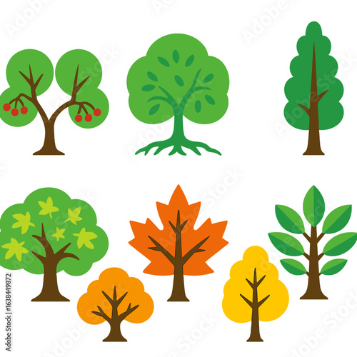Vibrant Tree Icons. Flat vector icons of deciduous trees: twin rowan trees with berries, round-top hornbeam, wide hazel with