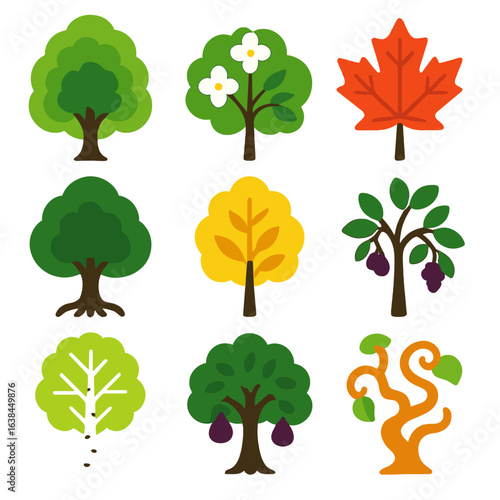 Colorful Tree Icons. Flat vector icons of deciduous trees: layered ash tree with subtle glow, flowering dogwood in profile,