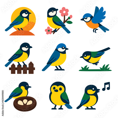 Bright Tit Bird Icons. Flat vector icons of tit birds: tit in morning light, tit with cherry blossom, tit hovering near flower.