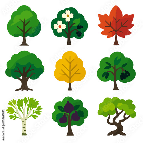 Colorful Tree Icons. Flat vector icons of deciduous trees: layered ash tree with subtle glow, flowering dogwood in profile,