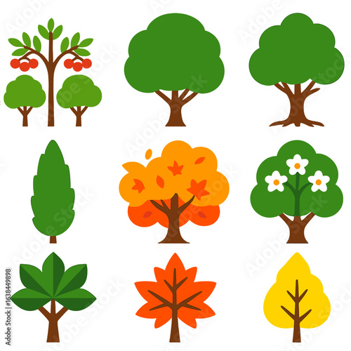 Bold Tree Icons. Flat vector icons of deciduous trees: twin rowan trees with berries, round-top hornbeam, wide hazel with visible