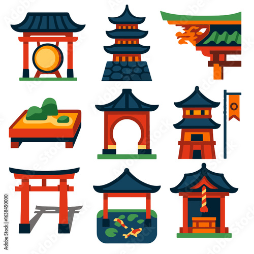 Asian Architecture Icons. Flat vector icons of Japanese Chinese architecture: ceremonial drum gate, multi-level pagoda on stone