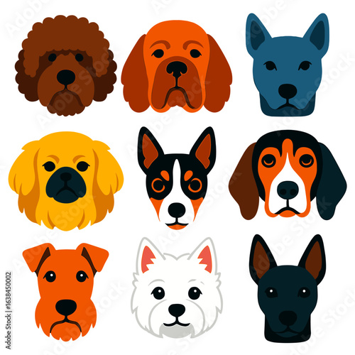 Vibrant Dog Breed Icons. Flat vector icons of dog breeds heads: Spanish Water Dog with tight curls, Sussex Spaniel with heavy lips