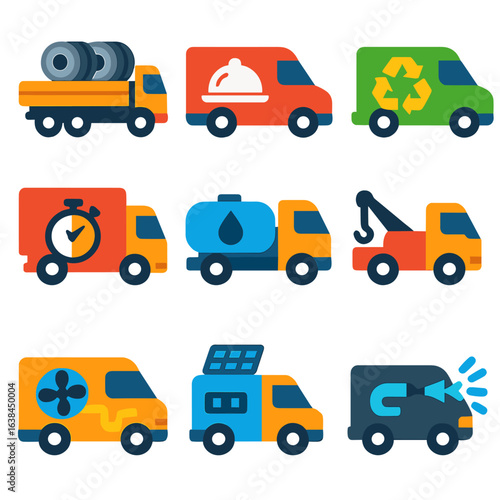 Colorful Vehicle Icons. Flat vector icons of van, truck and lorry: heavy cargo lorry with metal coils, event catering van with