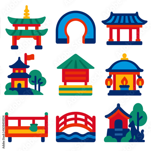 Traditional Asian Architecture Icons. Flat vector icons of Japanese Chinese architecture: traditional gate with layered finial,