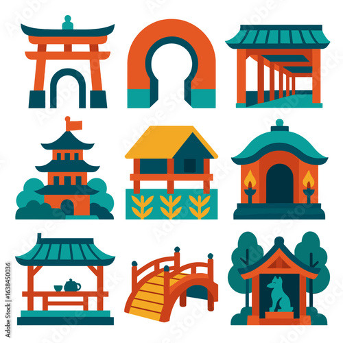 Traditional Asian Architecture Icons. Flat vector icons of Japanese Chinese architecture: traditional gate with layered finial,