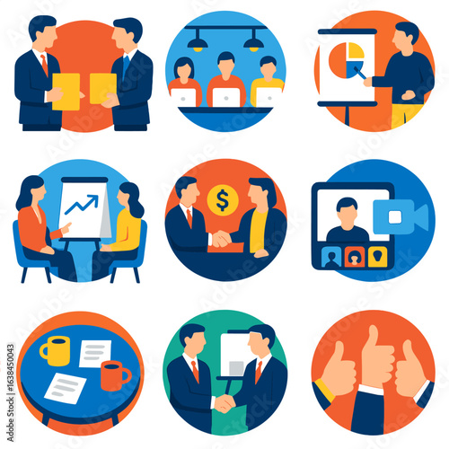 Modern Business Icons. Flat vector icons of business meeting: two executives exchanging folders, team members with laptops in open