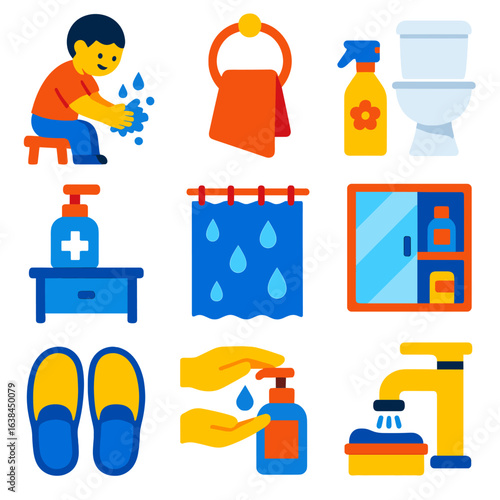 Cleanliness Icon Set. Flat vector icons of home hygiene and sanitation: child washing hands with stool, hand towel on bathroom