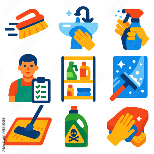 Cleaning Service Icons. Flat vector icons of cleaning service: scrub brush with motion lines, bathroom sink being cleaned, gloves