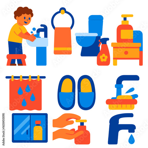 Cleanliness Icon Set. Flat vector icons of home hygiene and sanitation: child washing hands with stool, hand towel on bathroom