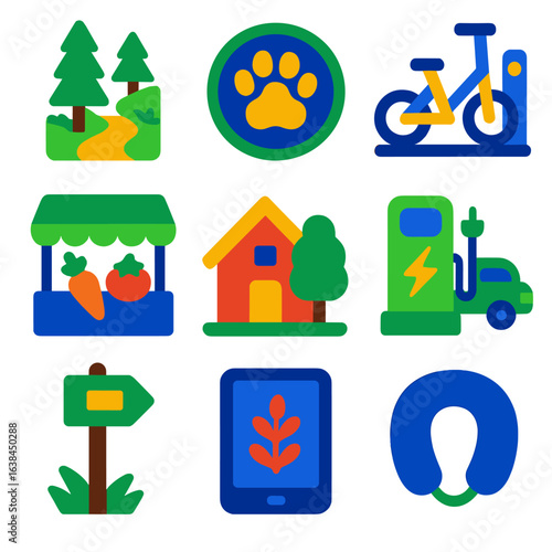 Sustainable Travel Icons. Flat vector icons of sustainable travel and eco tourism: minimal-impact hiking path, wildlife